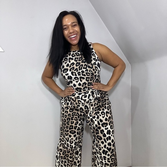 French Connection Leopard Print Jumpsuit Animal Print Wide Leg Romper Neutral - Picture 6 of 11